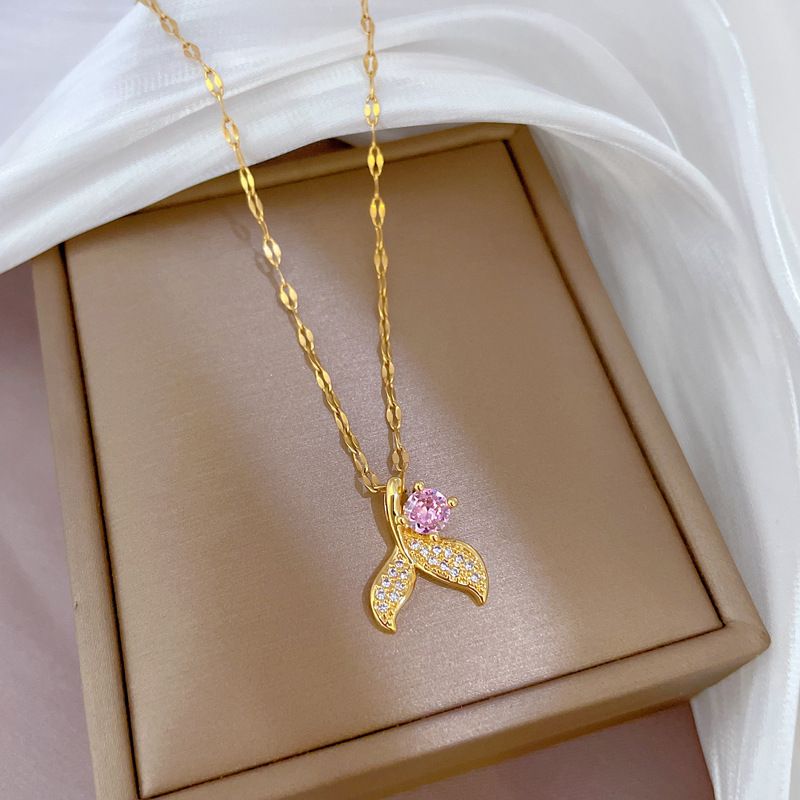 Luxury Micro Pave Cubic Zirconia Mermaid Tail Pendant Necklace For Women, Gold Plated Copper Pink CZ Clavicle Chain, Ins Trendy Dainty Jewelry Gift For Daily Dating Party Wear
