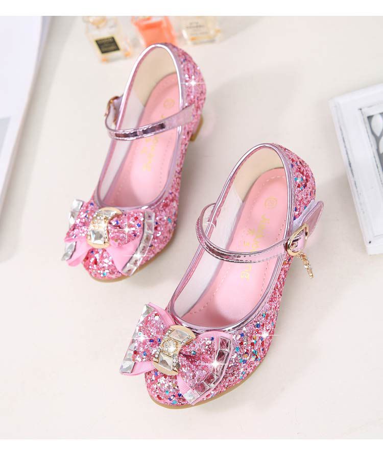 Dress Shoes Autumn New Girls' Small High-Heeled Leather Shoes Sparkling Shoe upper with Bow Decoration for Children's Dance Shoes