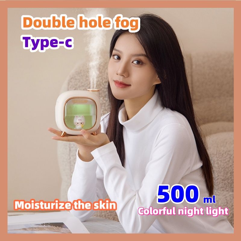 Double head spray humidifier Type-C interface 500ml high-capacity CRRSHOP Desktop Home Bedroom New Cute Space Cabin Double Spray Humidifier with Heavy Fog A330 Strawberry Bear Double Spray