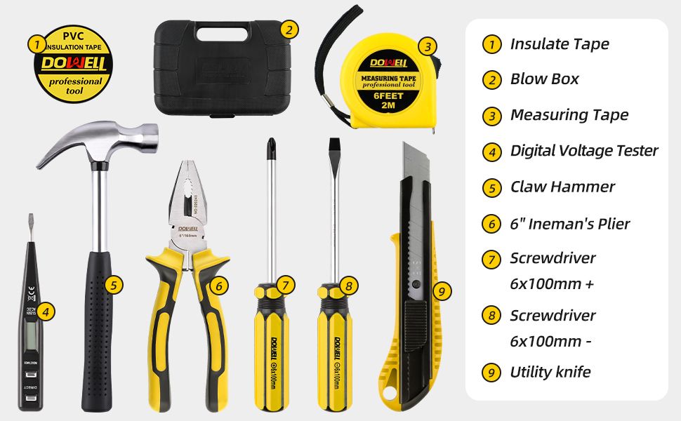 Homeowner Tool Set 9 Pieces General Household Small Hand Tool Kit with Plastic Tool Box Storage Case