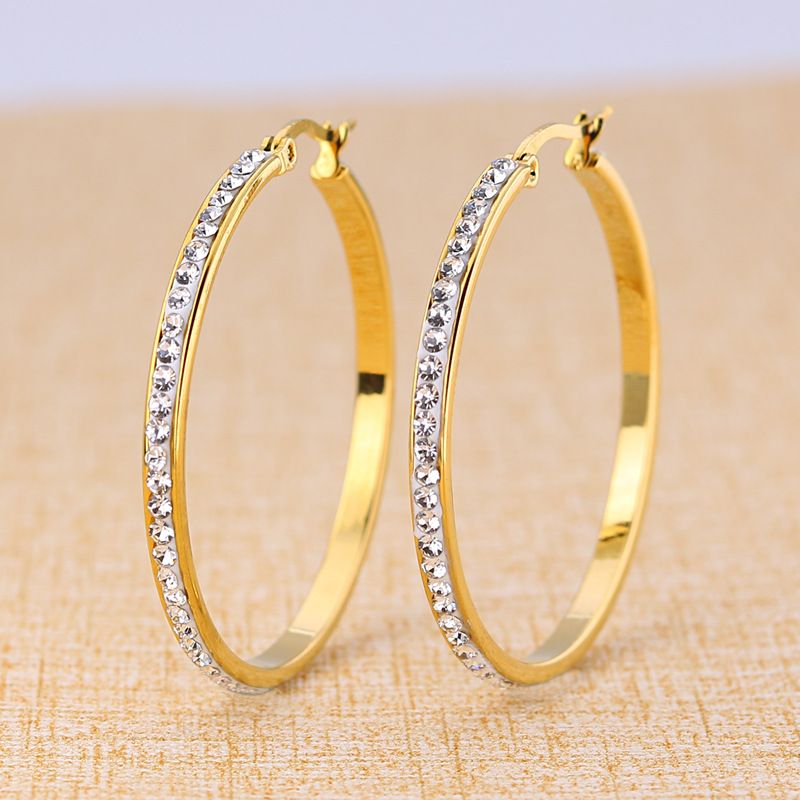 Exaggerated large circle earrings with diamonds gold silvery earring CRRshop free shipping women fashion Stainless steel round large ear ring in vogue girl gold diamond earrings fashionable