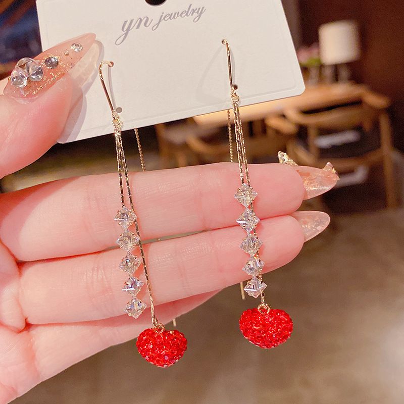 E04-203 Women's Autumn New Fashion Simple Inlaid Rhinestone Earrings Red Peach Heart Tassel Ear Line