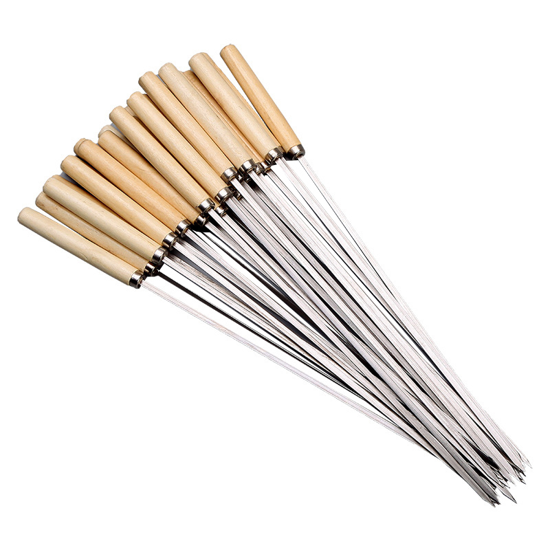40Pcs Stainless Steel Barbecue Wooden Handle Sticks BBQ Grill Skewers Roasting Needle Sticks Outdoor Camping BBQ Picnic Tools
