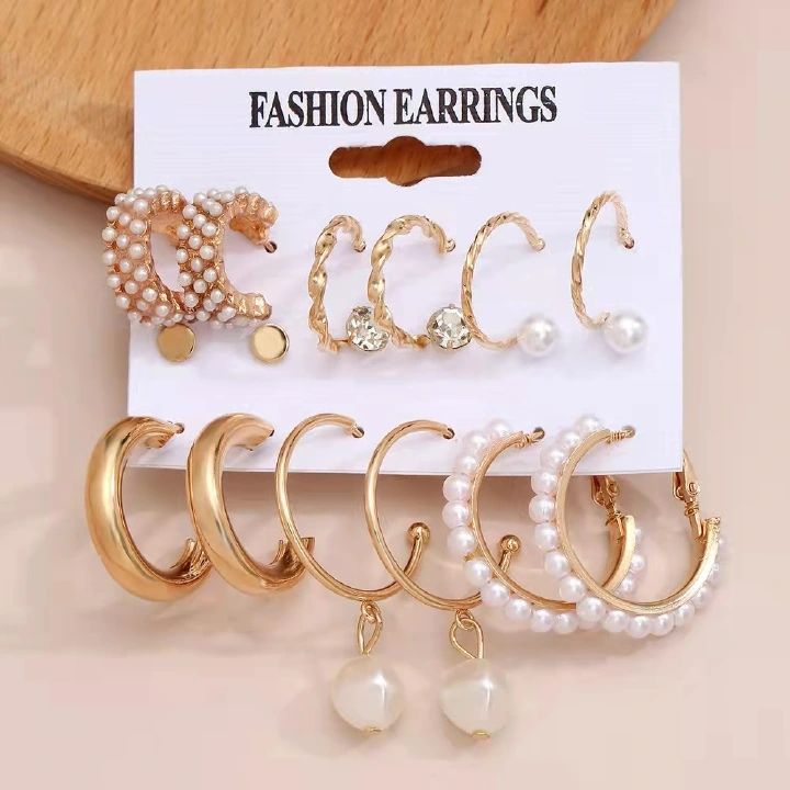 9Pcs/Set Women Earrings Rhinestone Pearl Exaggerated Gold Creative Personality Relief Earrings Women's Fashion Accessories Jewellery