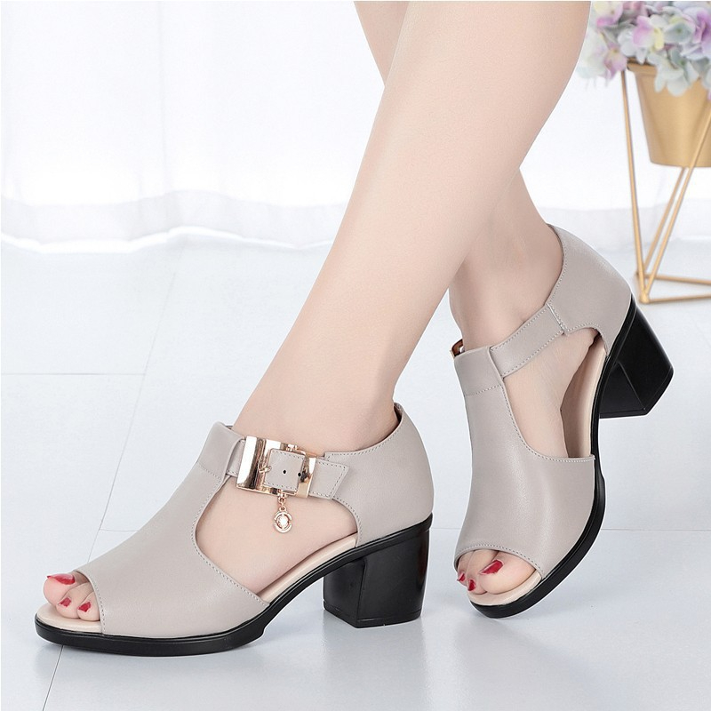 Women's Fashion PU High Chunky Heel Buckle Ankle Strap Open Toe Sandals Mommy Shoes
