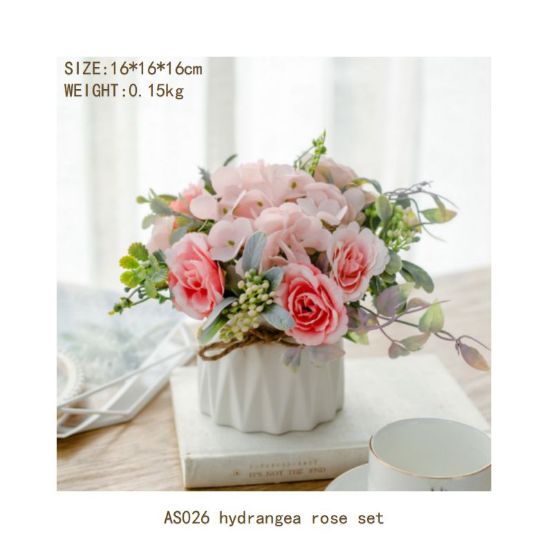 Hydrangea rose set ceramic hemp rope vase artificial flowers silk flower pastoral floral ornaments living room dining room dining table hotel wedding church venue funeral ceiling road layout home decoration flower arrangement holding flowers photo props flowerpot