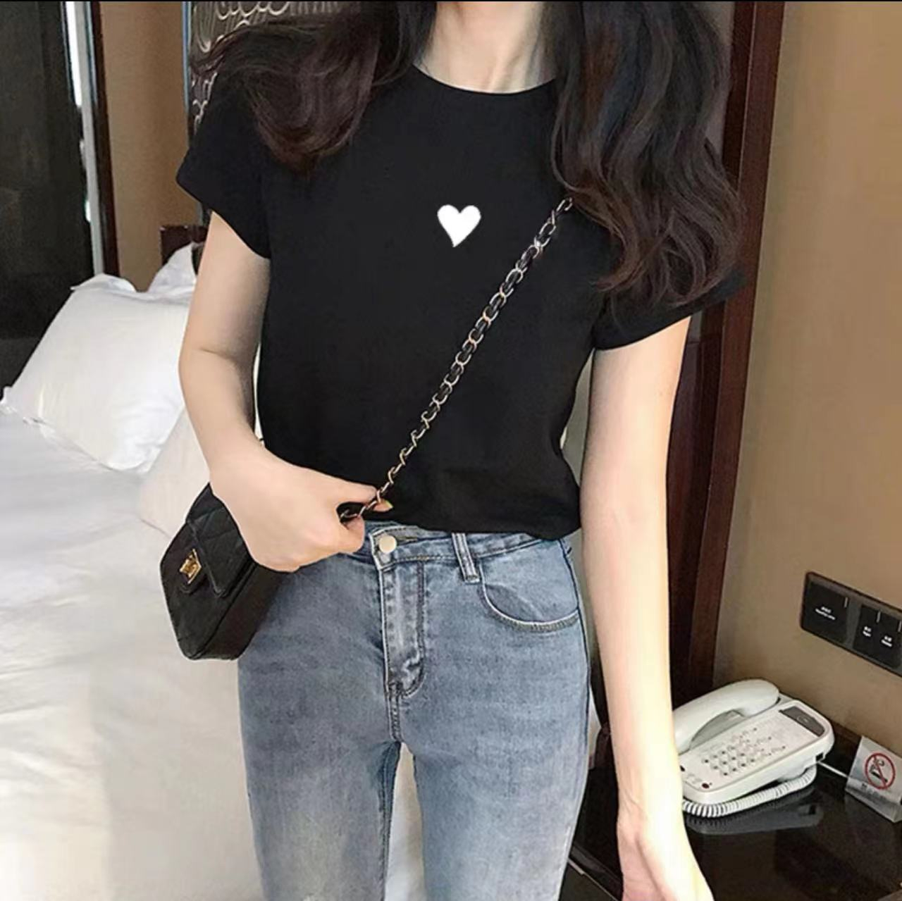 DX0124# Women Heart-Print Asymmetric Tee T-Shirt