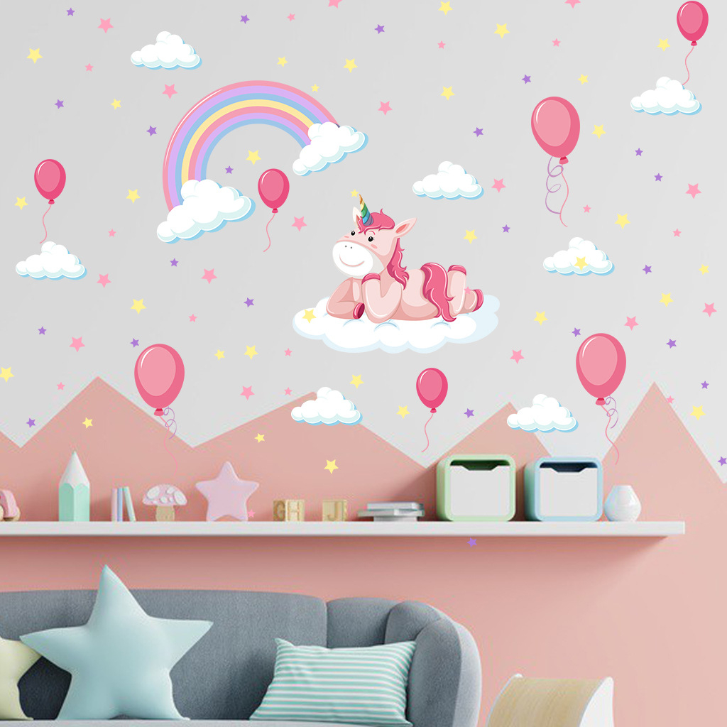JS-N1059 2pcs Rainbow Unicorn Sleeping on Cloud Wall stickers Room Decoration Art Vinyls Decals Children Kids Living Room Bedroom Home Mural