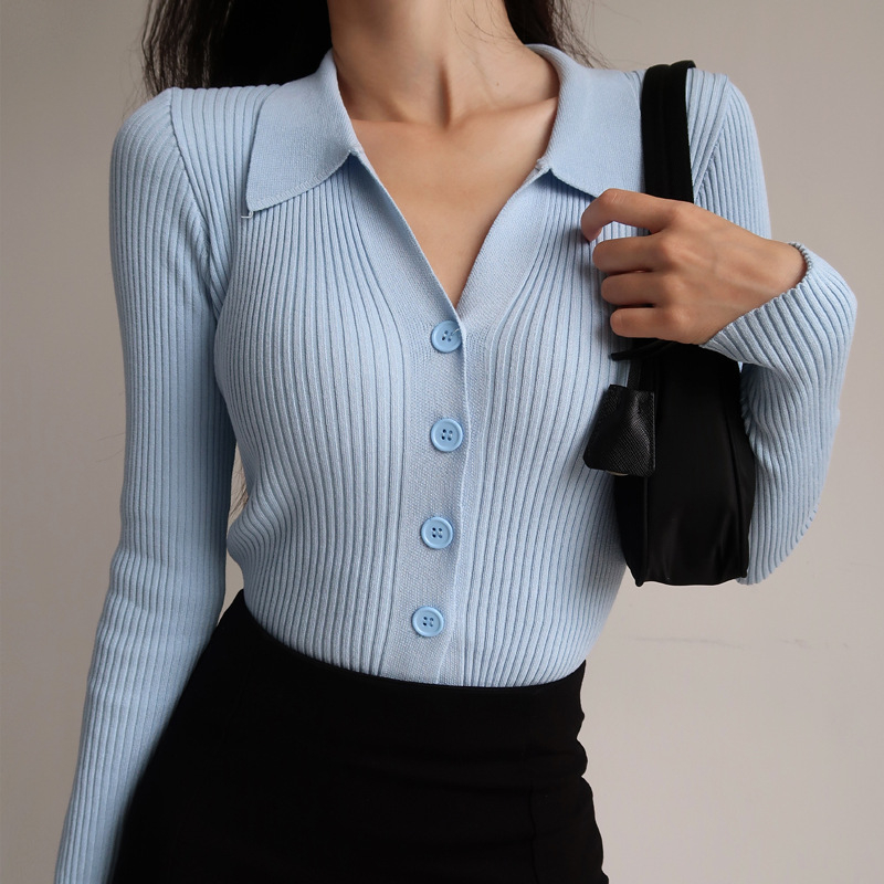 MY3016 Women's Lapels Slim Fit Long Sleeve Buttons V-Neck Knit Cardigan Sweater