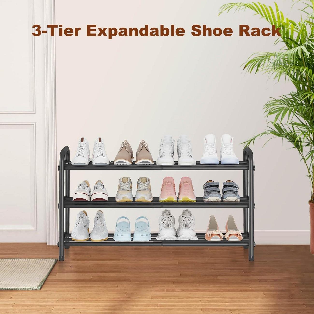 Heavy-Duty Expandable Metal Shoe Rack, Multi-Tier Adjustable Storage Organizer, 2/3/4 Tier Space-Saving Shoe Shelf, Quick Assembly Sturdy Shoe Stand for Entryway, Closet, Living Room, Home Shoe Storage
