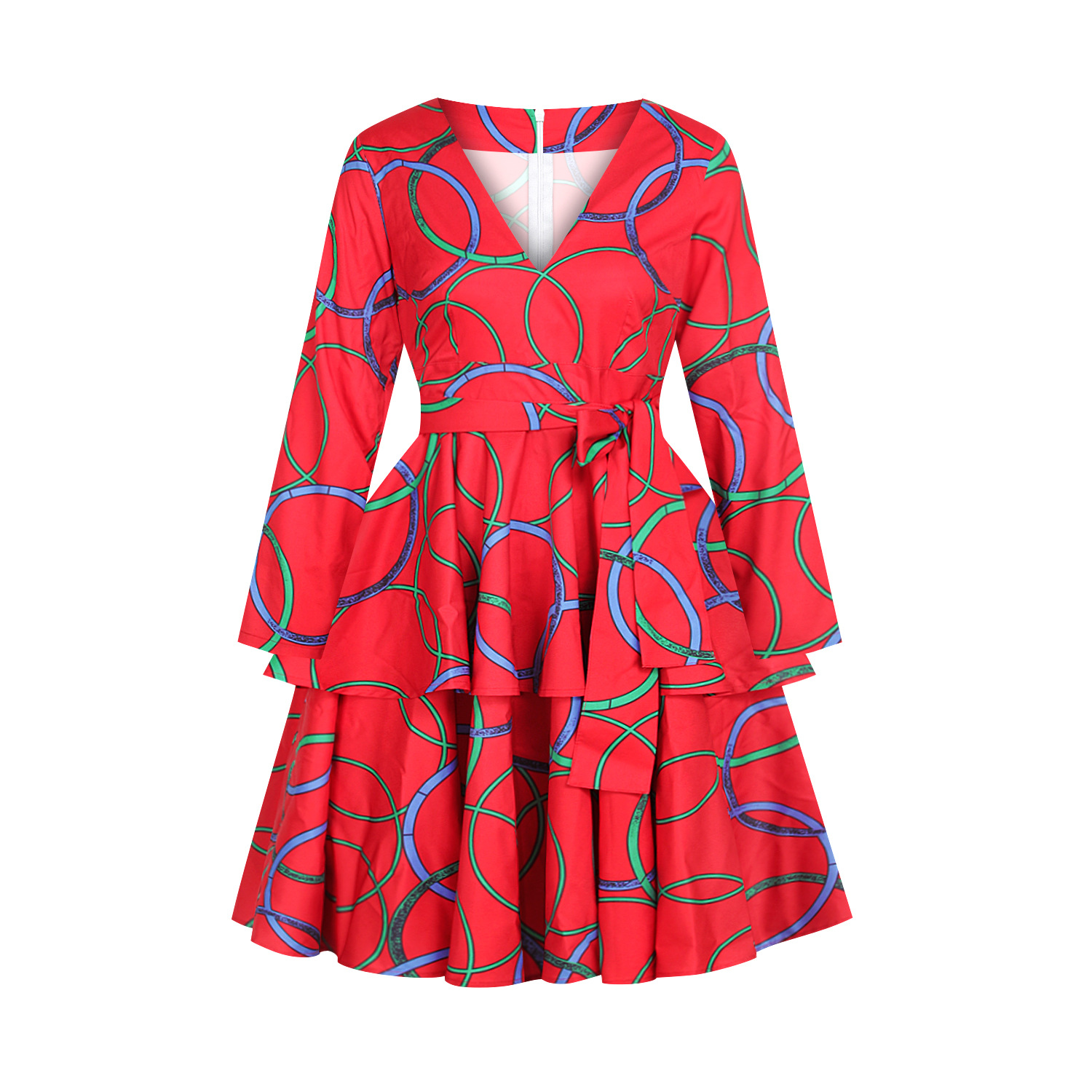 FQIG Women African Floral Print V Neck Long Sleeve Dress Dashiki Ruffle Swing Pleated Layered Ruffled Hem Party Dress