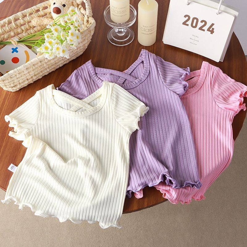 2025 new girls short-sleeved T-shirt fashion female treasure lotus leaf sleeve Korean style Western style ice silk T-shirt lace summer solid color