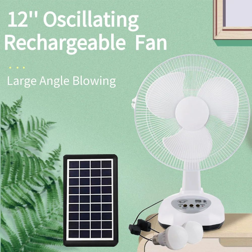Electric Solar Fan Table Ventilator USB Rechargeable Charging 12Inch 2-Speed Desk Cooling Fan with 2 Lamps for Camping Home
