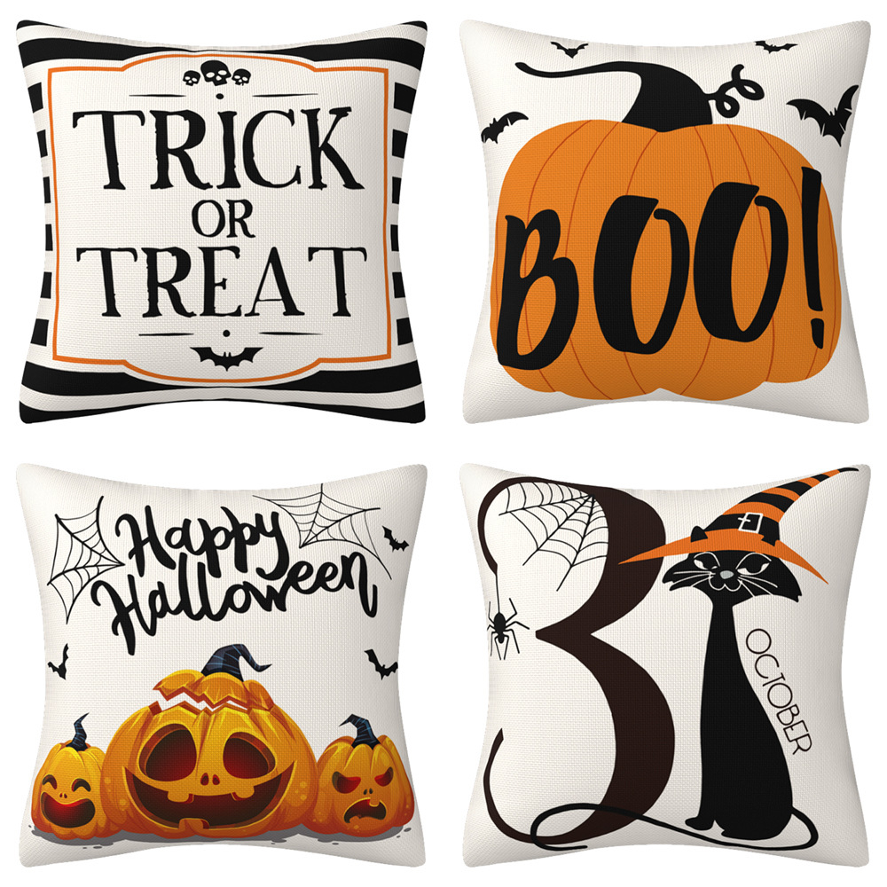 SXKI-05 Halloween Pillow Covers 45x45cm Trick or Treat Pillow Covers Happy Halloween Linen Sofa Bed Throw Cushion Cover Decoration