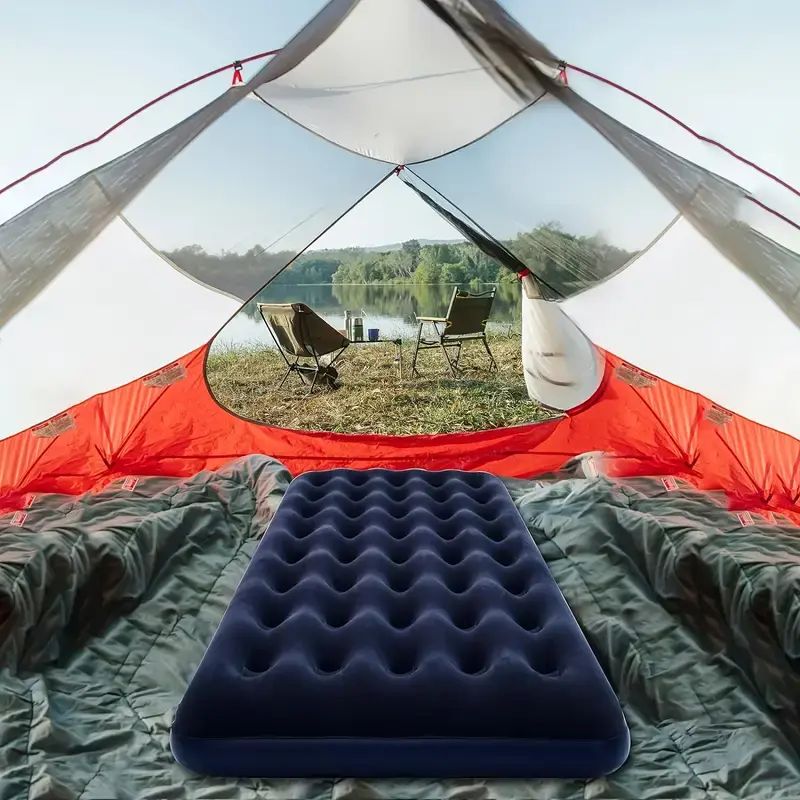 AUNONT PVC inflatable mattress inflatable high thickened flocking automatic inflatable mattress home double inflatable mattress nap folding mattress fashionable design foot pump inflatable model camping durable mattress waterproof air mattress
