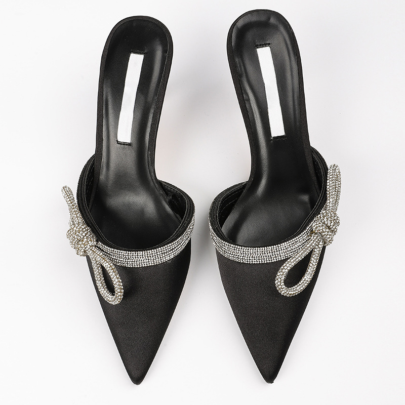 lady's pointed heeled sandals double rhinestone bow satin mules heels wedding party stiletto straps
