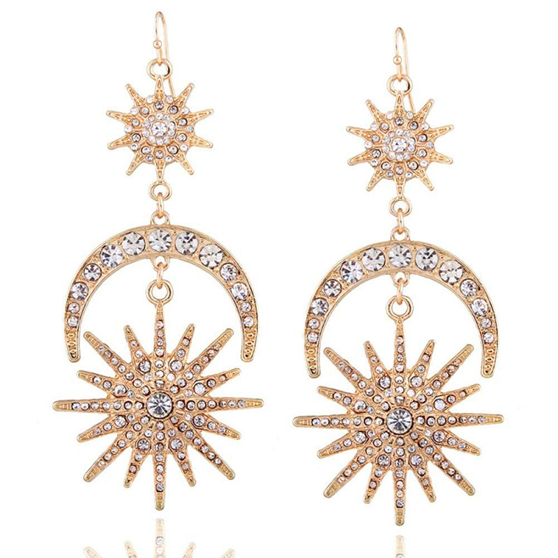 Popular fashion and exquisite rhinestone geometric star earrings, sun and moon retro earrings for women