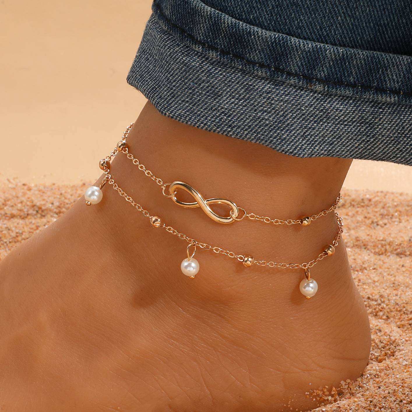 17030362 Women's Fashion Pearl Figure 8 Hand-beaded Double Anklet