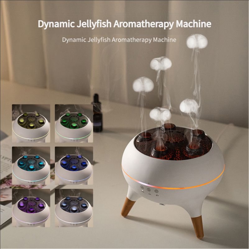 Flame mist circle aromatherapy humidifier Jellyfish dynamic color light wood grain essential oil porous diffuser