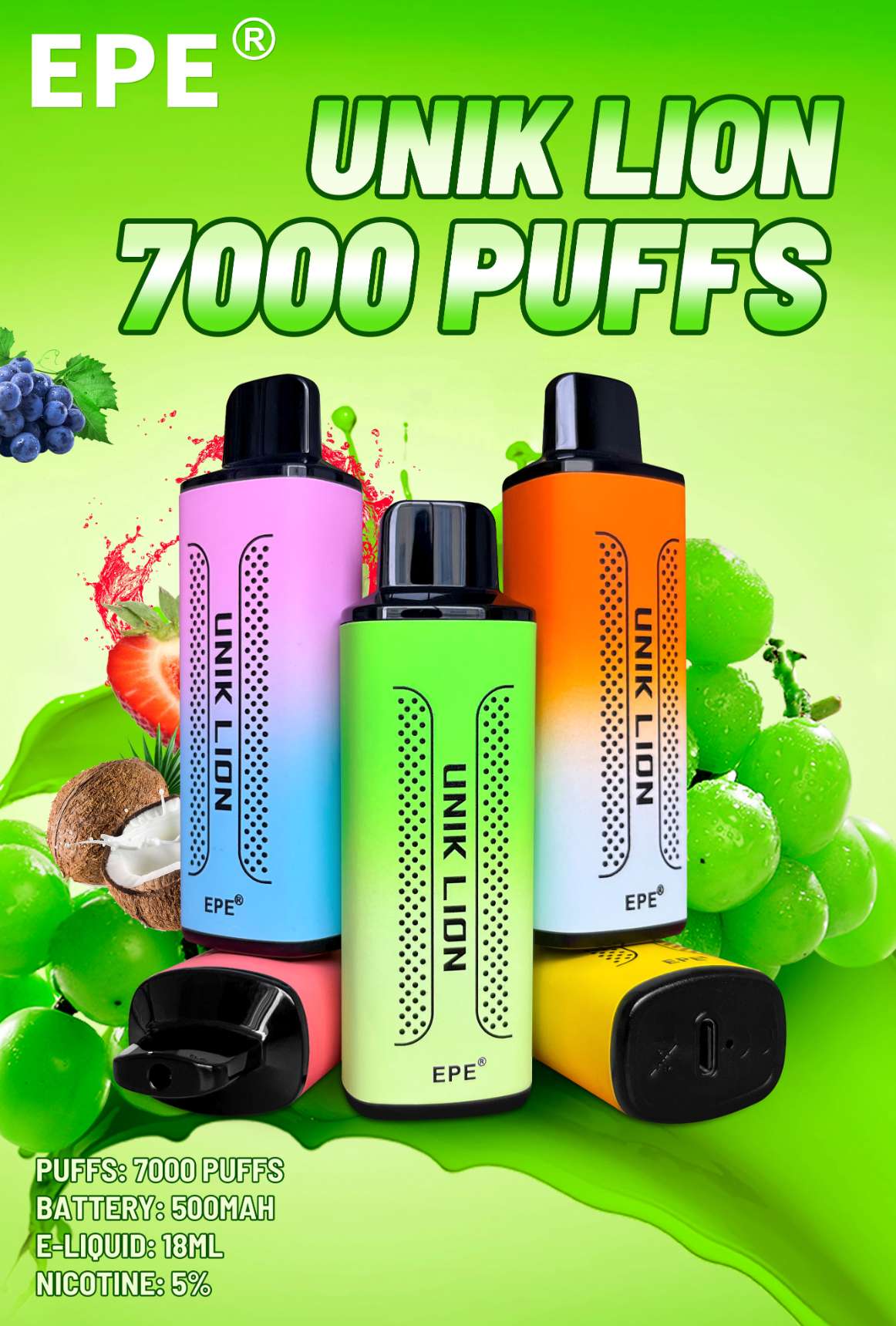 E-cigarette supplier Price Original EPE Unik Lion 7000puffs Disposable Vape Pen EPE Unik Ultra Electronic Cigarette Type C  in Stock! ! ! EPE Unik Vape 1200 5000 5500 6000 Rechargeable Pen Hookah 5500 Puffs Pod Device Disposable Vapes 5500puffs EPE Unik Ultra Disposable Vape 550mAh EPE Unik Ultra Rechargeable with Type C 
2%&5% EPE Unik Ultra Disposable Vape  EPE Unik Ultra Disposable Vape 5500 Puffs is an ultra-compact easy-to-carry disposable device with pre-filled salt  nicotine e-liquid. Sufficient liq volume is at the leading level of disposable pre-installed pods equipment,  no need to worry about running out immediately,  long use period.Sufficient power to provide a long time. uses a built-in 550mAh battery. It will simplify operation and  extend battery life.Sufficient battery power to provide a long time vape.