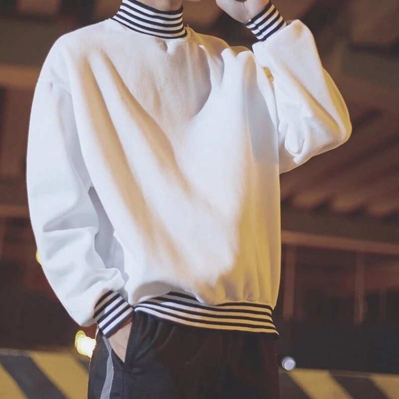 K4 Men's Long Sleeve Striped Design Crew Neck Fleece Pullover Sweatshirt