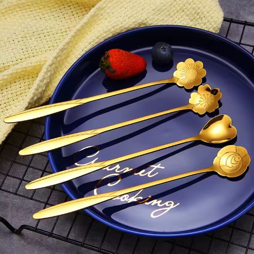 4 Set Gold Plated Creative Stainless Steel  Fancy fruit dessert spoon stainless steel yogurt Coffee long handle pointed spoon Gold Coffee Spoon with Long Handle 