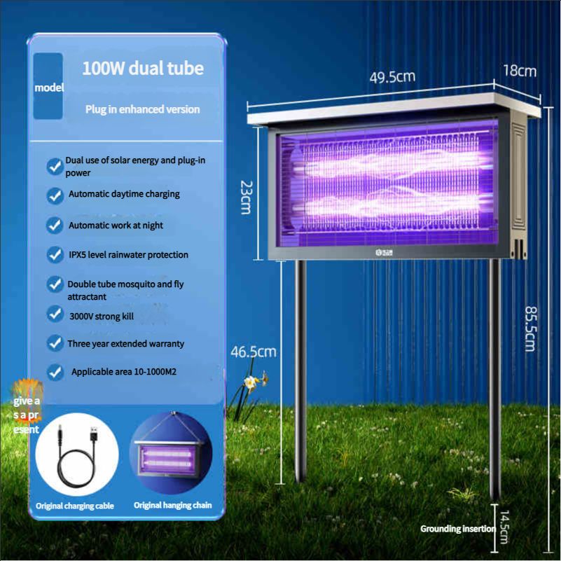 Solar-powered mosquito-killing lamp, outdoor courtyard and garden, outdoor waterproof fly-killing lamp, mosquito-repelling, camping, orchard, insect trapping and killing wonder100w