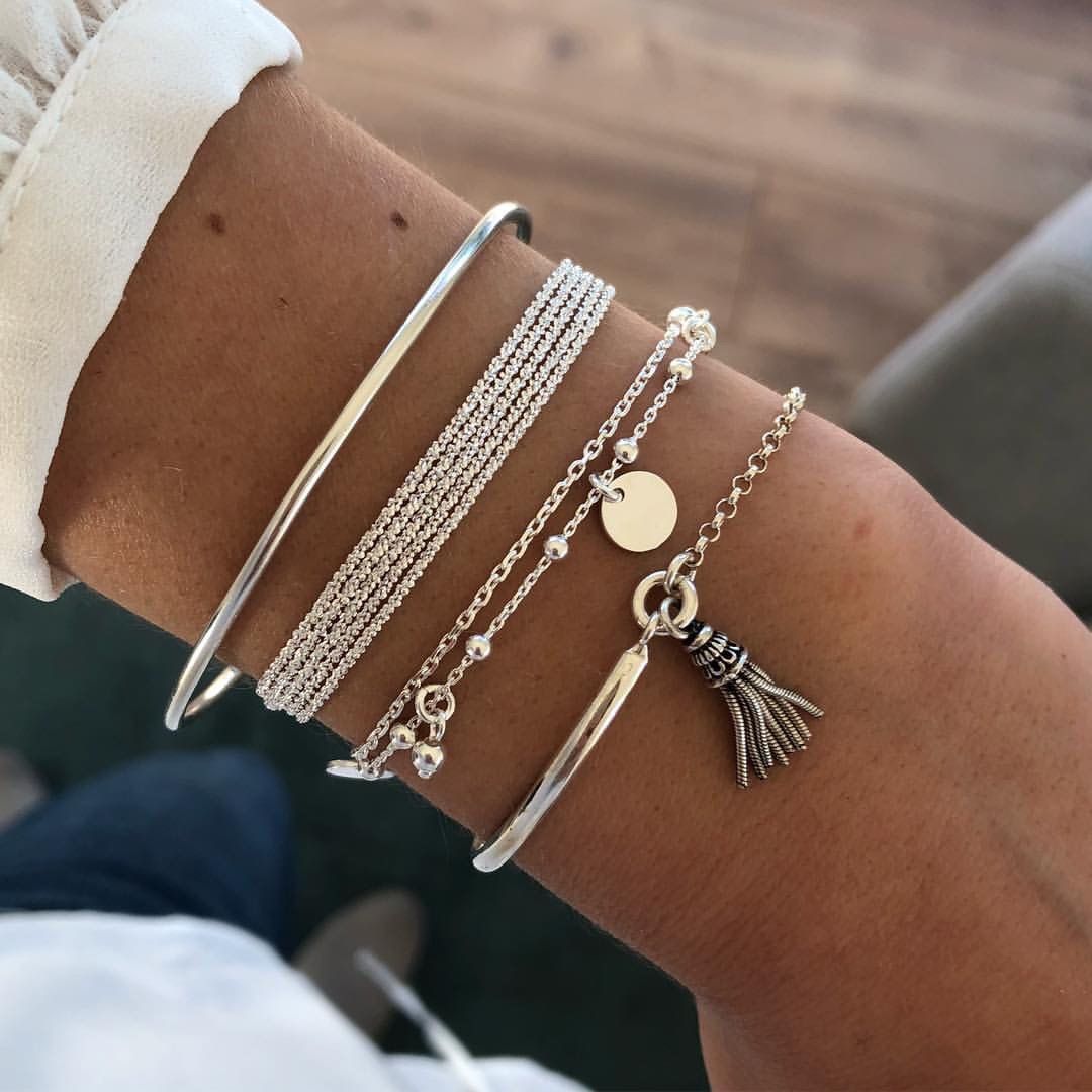 ali-60966958626 Women's Simple Silver Glossy Tassel Bracelet Multi-Layer Chain Disc Set