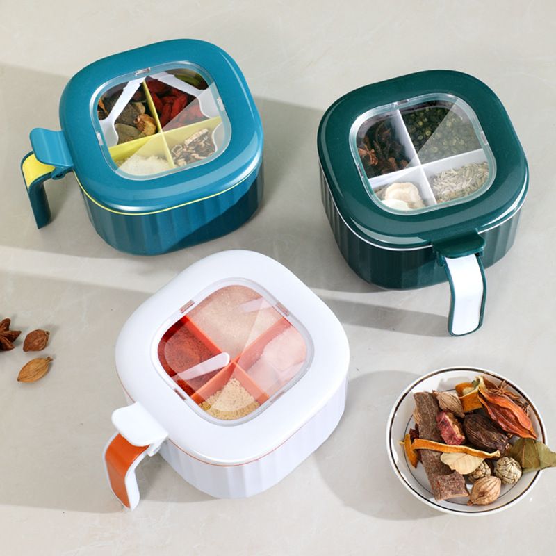AUNONT Kitchen 4-Grid Integrated Seasoning Box with Spoon Lid Multi-Grid Storage Clearanced Seasoning Tank