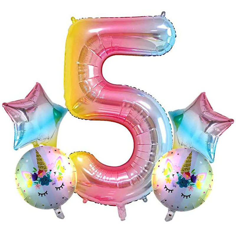 5 PCS 40 Inch Birthday Unicorn Foil Balloon Party Decorations Supplies Helium Mylar Digital Balloons Set