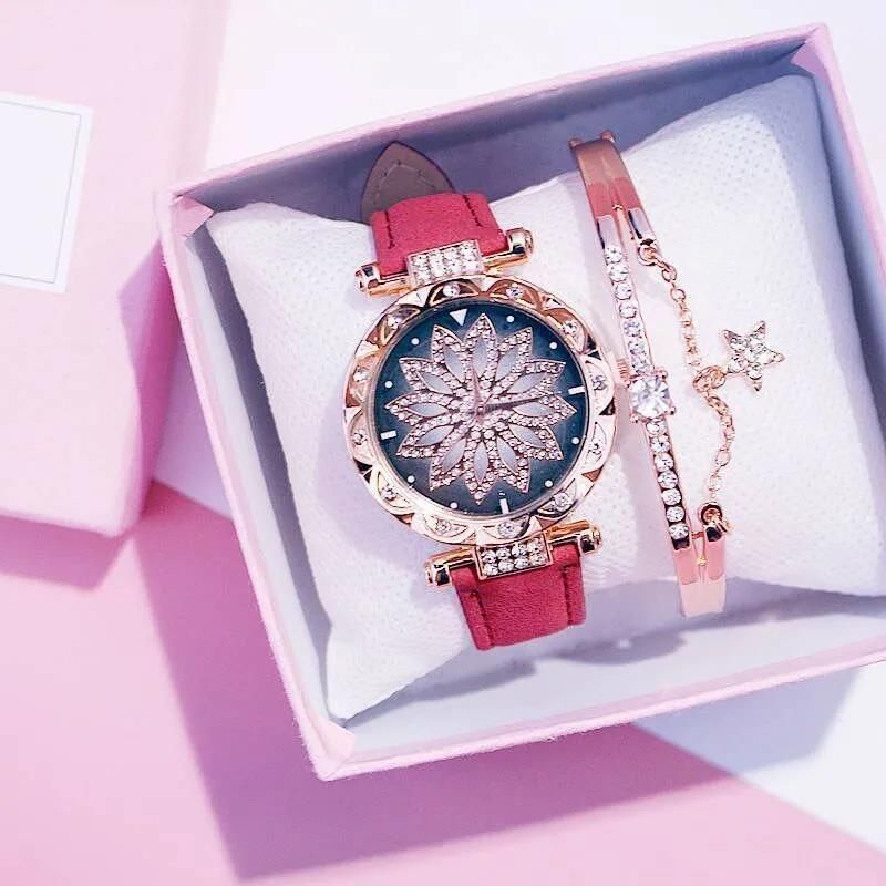 Luxury Diamond Women's Watch Crystal Watch Bracelet Set Women's Jewelry Casual Starry Sky Rose Gold Watch
