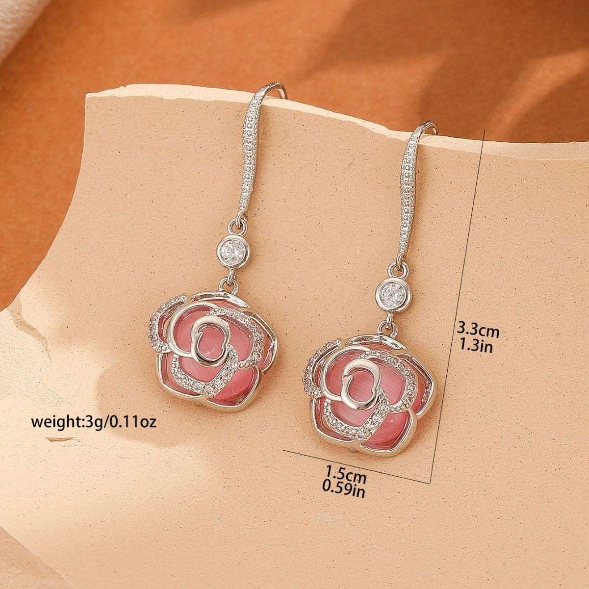 Elegant Hollow Rose Shape Hook Earrings Gold Silver Plated Inlaid Clear Zircon & Multicolor Cat Eye Stone Dangle Earring Chic Small Fragrance Style Minimalist Fashion Women Drop Jewelry Daily Dating Wedding Banquet Accessory Ideal Birthday Holiday Gift Ornament For Young Ladies All Occasion Outfit Matching
