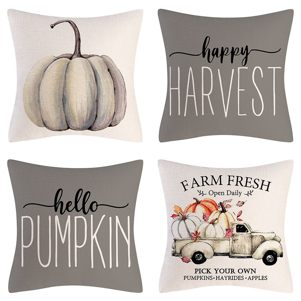 MNBY-06 Fall Decor Pillow Covers 18x18 Set of 4 Gray Pumpkin Farmhouse Decorations Happy Harvest Farm Truck Throw Cushion Case for Fall Thanksgiving Home Decorative Pillows