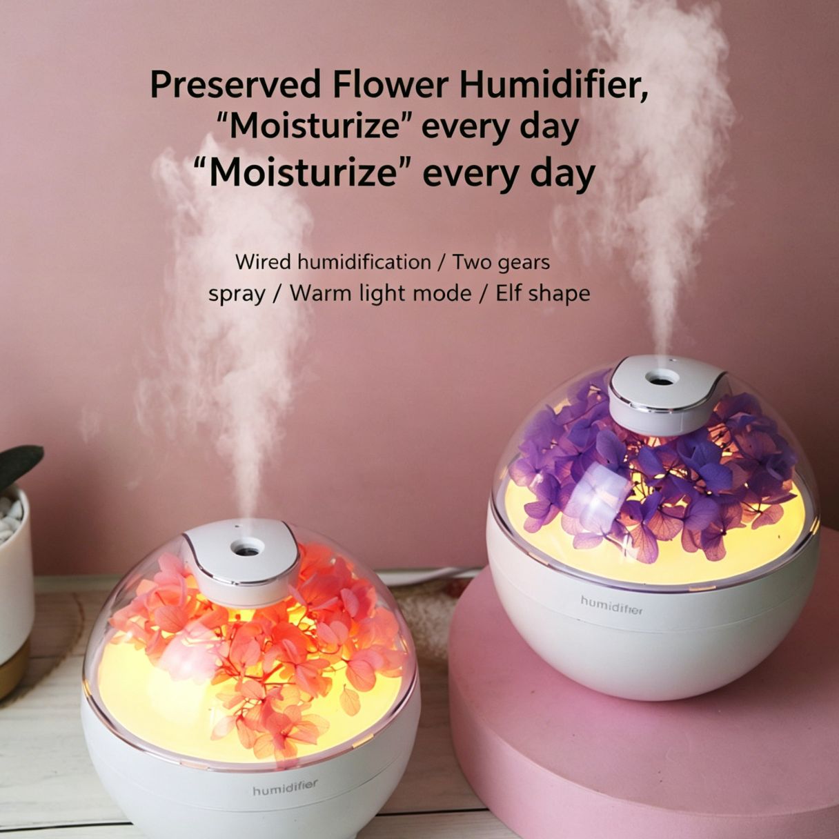 Creative Preserved Flower Humidifier, Large Mist Cool Mist Humidifier with Warm Night Light, USB Quiet Desktop Humidifier, Portable Aroma Diffuser for Home Bedroom Office
