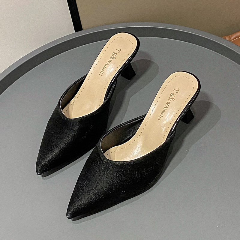 High Heel Slippers New Women's Mules Shoes Pointed Toe Closed Toe Half Slippers Women's Stiletto Heel Fashion SandalsBlack