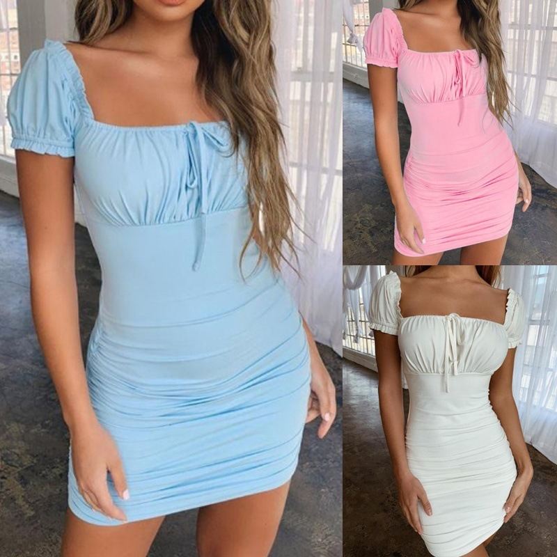 D1128XH Women's Summer Sexy Square Neck Solid Color Lace-Up Dress Pleated Wrapped Hip Short Skirt