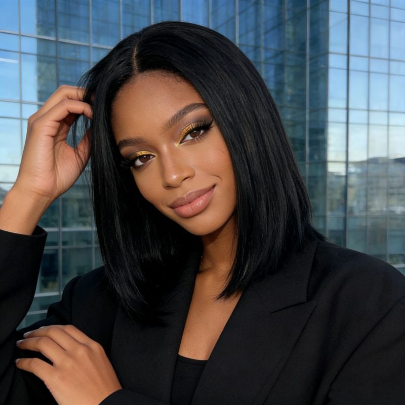 Women Black Short Straight Bob Wig, Middle Part Synthetic Full Head Wig
