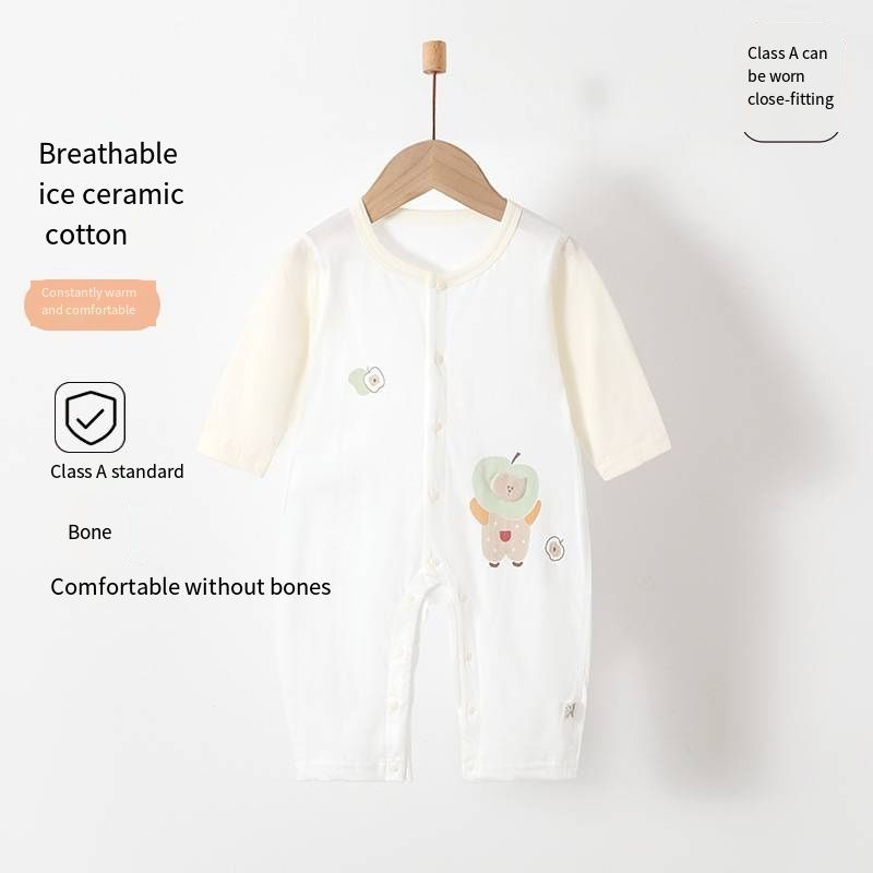Baby Summer Ice Ceramic Cotton Romper, Long Sleeve No Bone Stitching Jumpsuit, Breathable Thin Infant Onesies with Snap Closure, 66-90cm