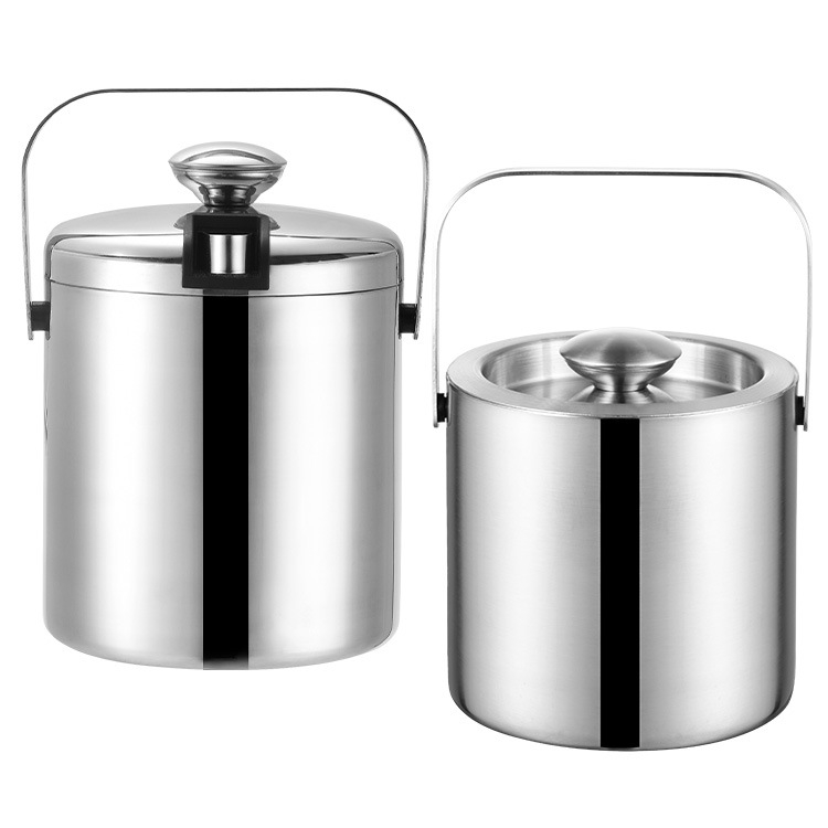 Double-Wall Stainless Steel Insulated Ice Bucket With Lid and Ice Tong Included Strainer Keeps Ice Cold & Dry, Carry leather Handle, Great for Home Bar, Chilling Beer, Champagne, Wine Bottle