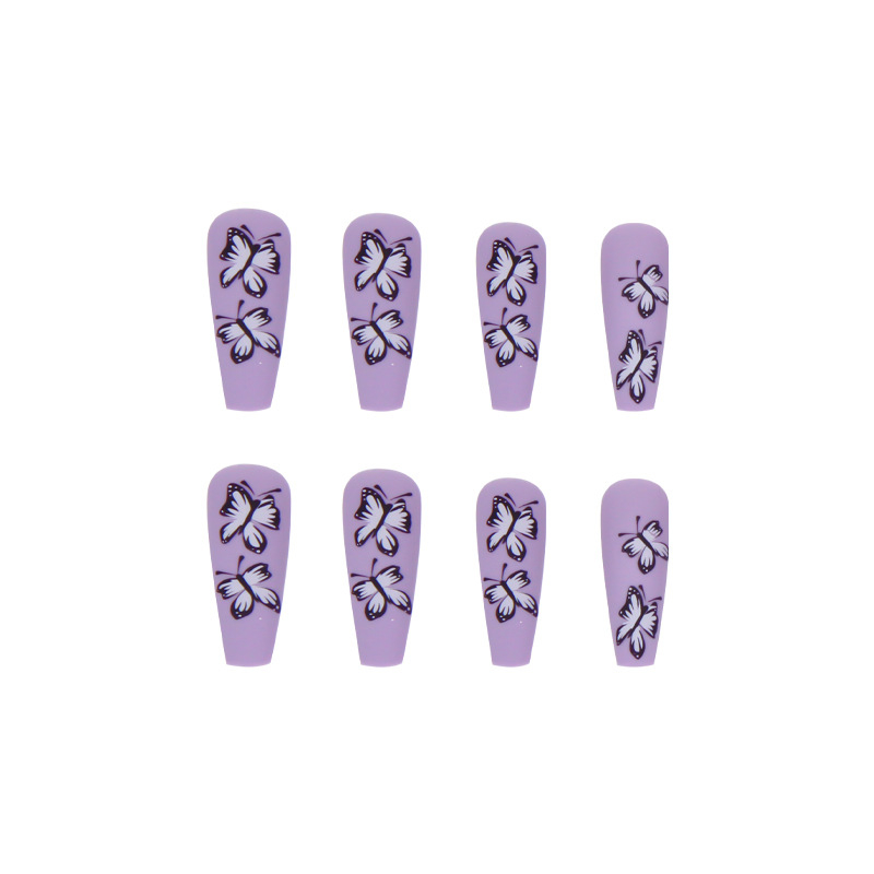 24pcs/Set Detachable Long Coffin Fake Nails European Purple  Butterfly Pattern Full Nail Art