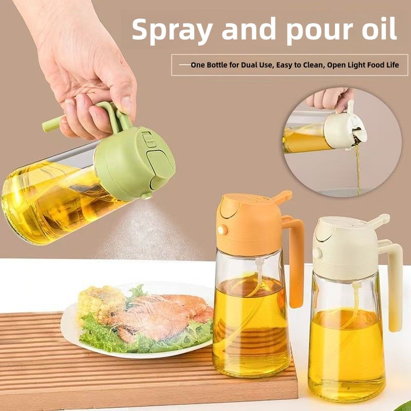 470ml Glass Oil Dispenser Bottle - Dual-Function Spray & Pour, Wide Mouth, Leak-Proof Design, Ergonomic One-Handed Use, Easy to Clean, Drip-Free Kitchen Oil Container  