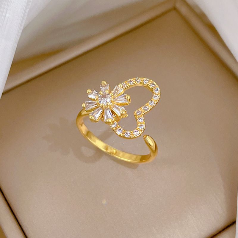 Rotatable Sunflower Hollow Heart Open Adjustable Ring Real Gold Electroplated Multi-Cut Cubic Zirconia Wide Finger Band Sparkly Crystal Romantic Statement Hand Jewelry Minimalist Daily Dating Banquet Party Matching Accessory Gift For Women Stackable Ornament
