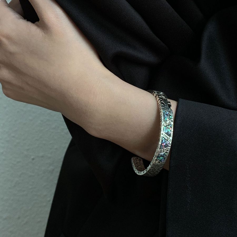 Magnetic Gaming Headset Abalone Bracelet Open Cuff - Iridescent Paua Shell Silver Bangle