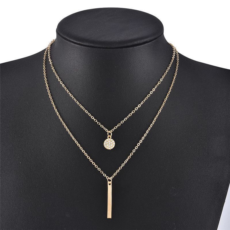 Geometric long strip sparkling diamond circular double-layer necklace CRRSHOP Multi layer necklace free shipping