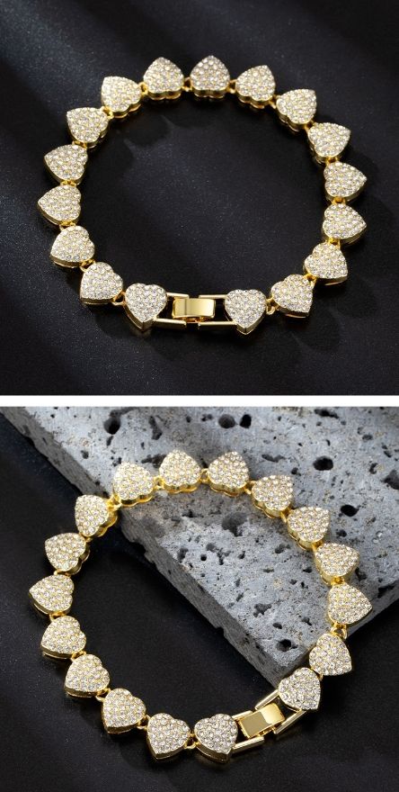 Gold heart-shaped diamond bracelet; Shine luxury style; Women's fashion accessories; Gift giving