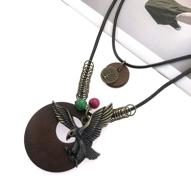 Multi layer necklace Cotton and linen wooden pendant, long necklace, eagle ornament free shipping