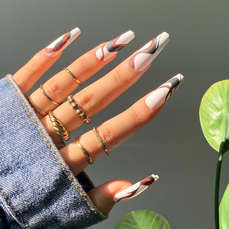 JP1512 24 Pcs Matte Press on Nails, Super Long Coffin Contrast Color Line Fake Nails, Full Cover Artificial False Nails for Women and Girls
