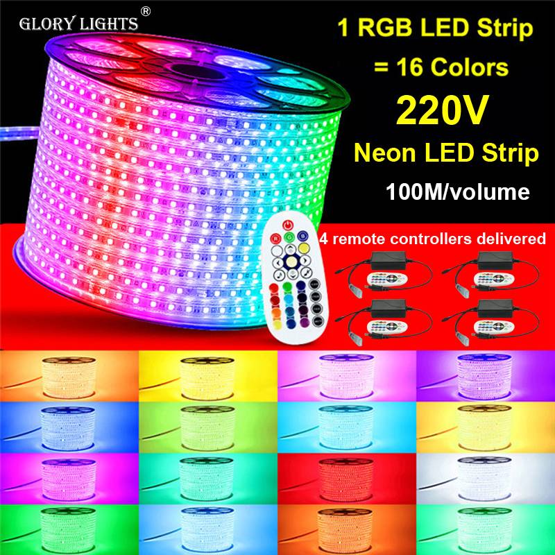 Glory lights 100M/volume flexible LED RGB Rope Light Strip, Multi Color Changing SMD 5050 LEDs, 220V AC, board width 12MM Dimmable, Waterproof, Indoor / Outdoor Rope Lighting