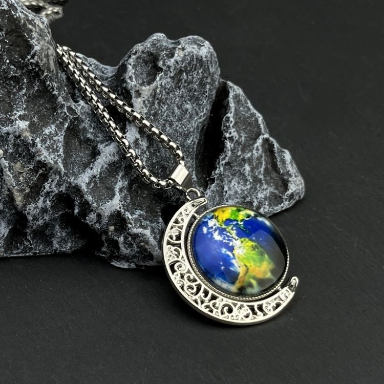 Rotating Earth Titanium Steel Necklace CRRSHOP Starry Moon Alloy Pendant Necklace