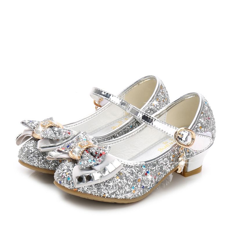 Dress Shoes Autumn New Girls' Small High-Heeled Leather Shoes Sparkling Shoe upper with Bow Decoration for Children's Dance Shoessilver